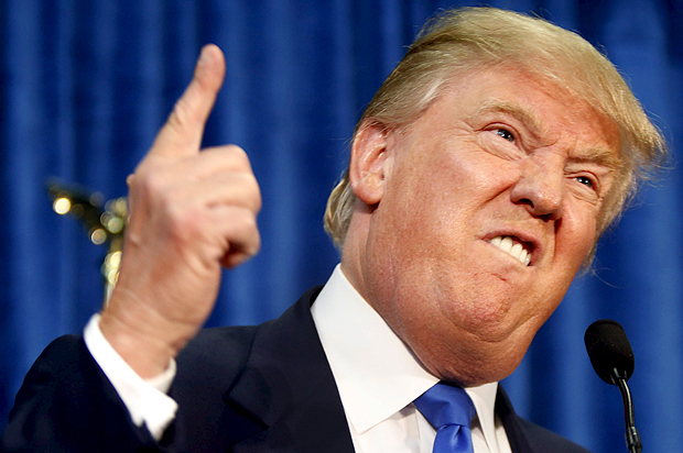 Republican presidential candidate Donald Trump gestures and declares "You're fired!" at a rally in Manchester, New Hampshire, June 17, 2015. REUTERS/Dominick Reuter TPX IMAGES OF THE DAY - RTX1GZCO